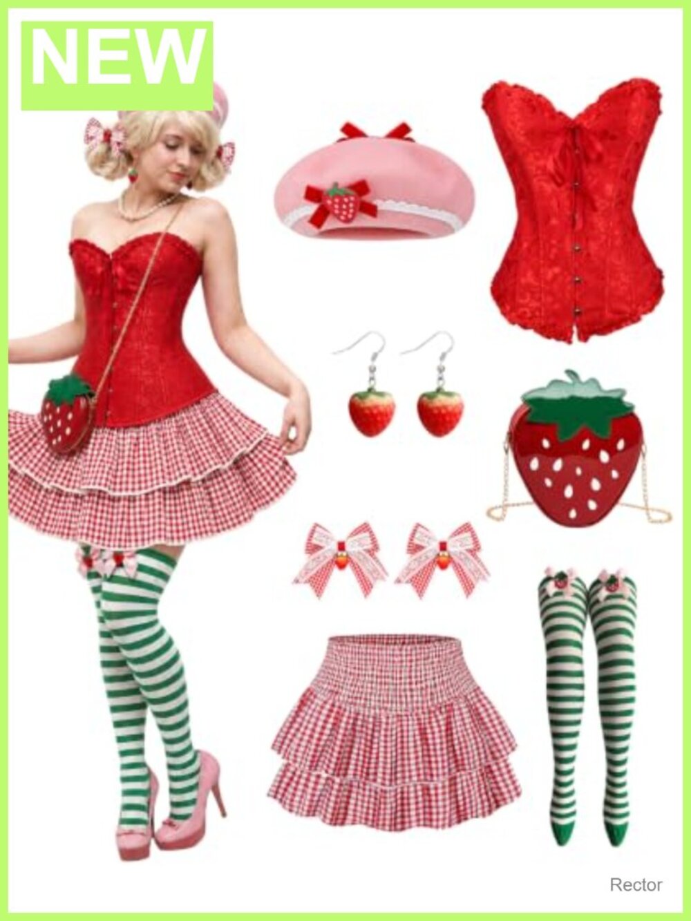10 Pc Strawberry Costume Set Women Skirt Hat Bag Earrings Socks